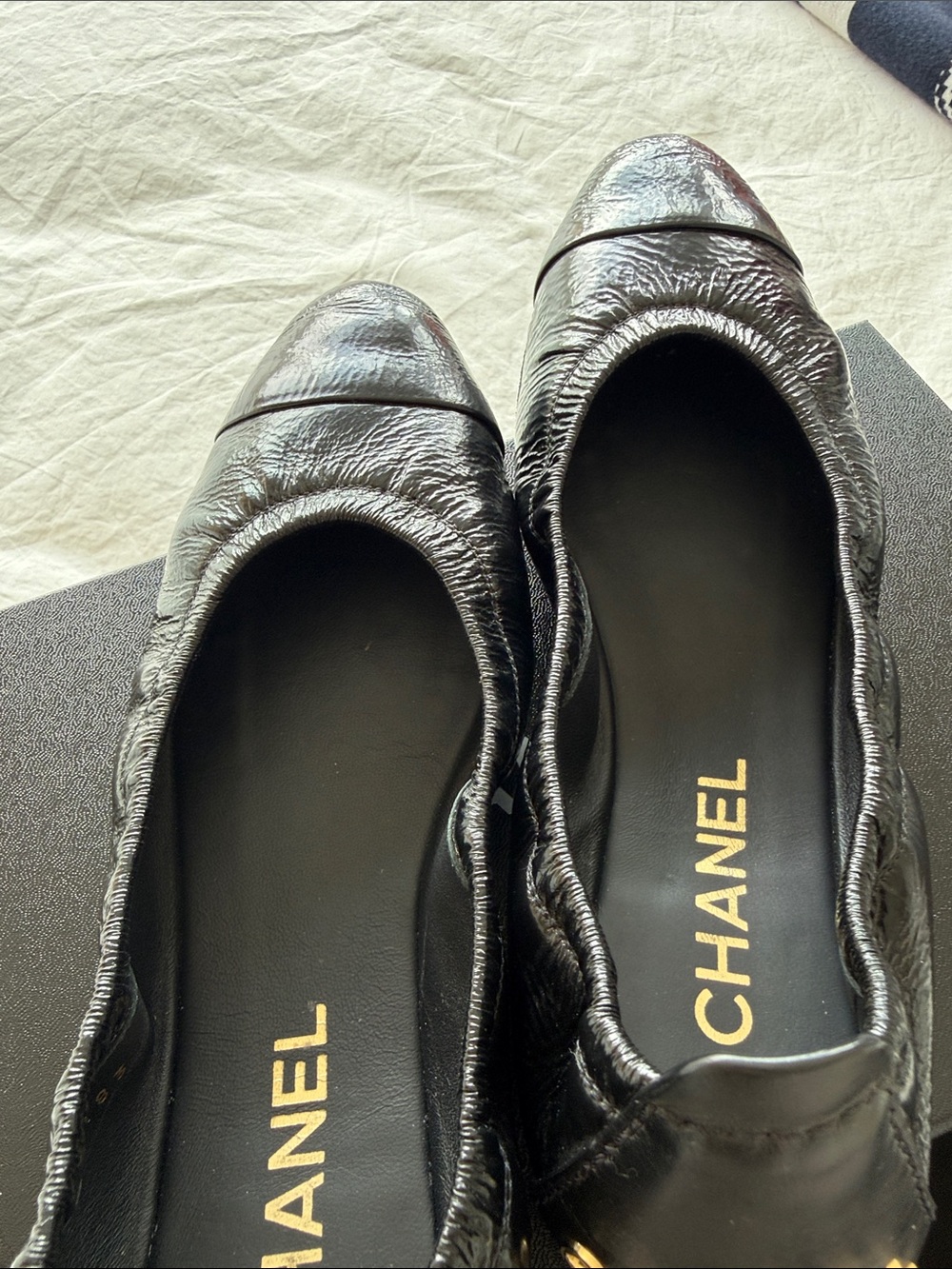 CHANEL Black Leather Slip-On Loafers with Gold Heel Logo - Picture 4 of 9
